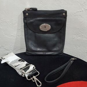 Fossil Black Leather Crossbody Messenger Bag